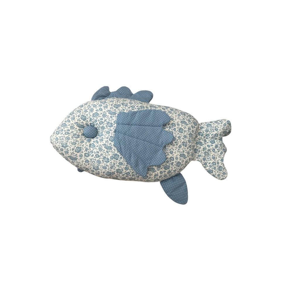 Handmade Blue Floral Fish-Shaped Pillow Cottagecore Coastal Decor